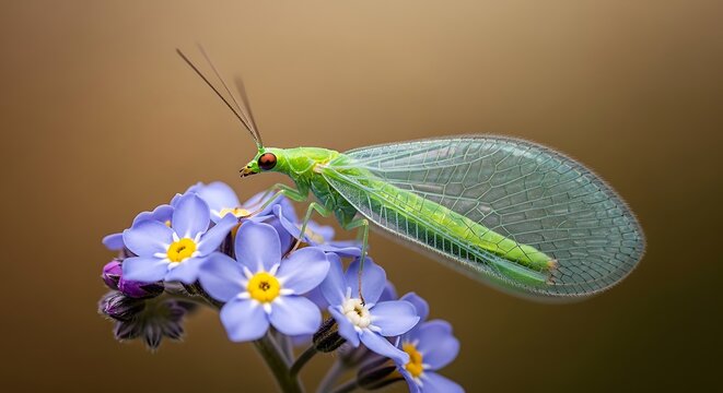 Detailed macro photograph of a green lacewing insect resting on small blue flowers
