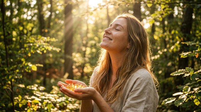 Radiant woman soaking up sun's natural energy, a healthy source of vital D3, holding golden nutrient capsules in a vibrant forest, promoting well-being and immune strength