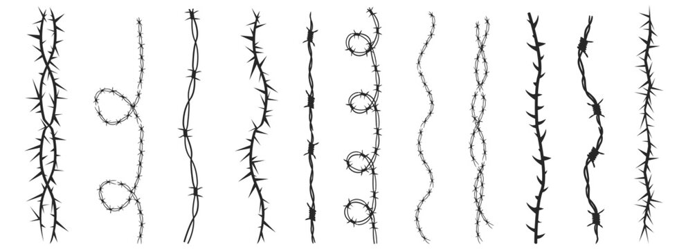 Barbed wire silhouette border, fence. Spiked wire with sharp barbs along its perimeter. Twisted ring y2k, round border tattoo, gothic textured steel frame,