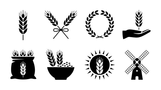 Comprehensive collection of black and white silhouette icons representing wheat grain agriculture farming