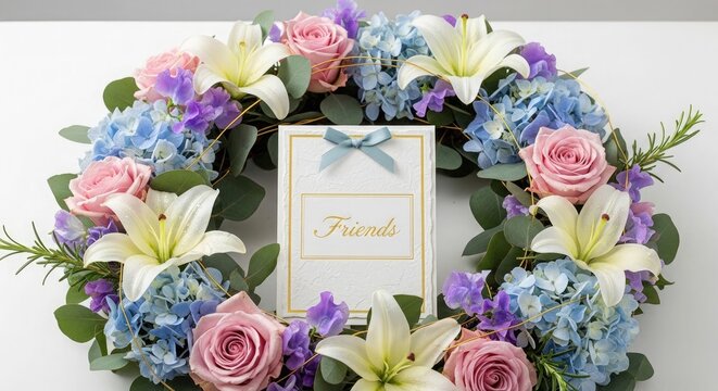 Sympathy wreath with roses lilies and hydrangeas with a condolence card
