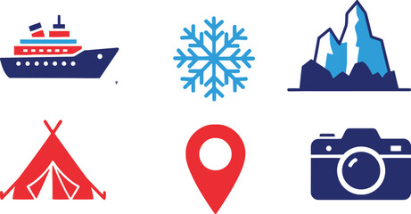 Set of travel and adventure icons with cruise ship snowflake mountain tent location pin and photo camera symbols © azad