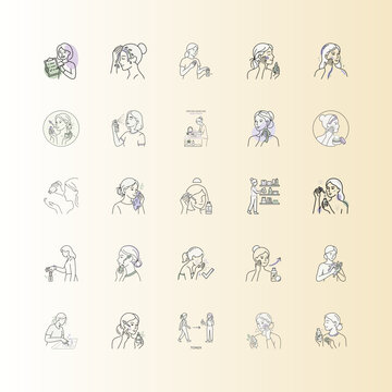 Skincare routine illustration of woman applying beauty products or Line art icons set showing woman's daily skincare step by step