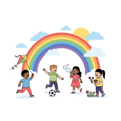 Fototapeta premium Diverse children playing happily under a vibrant rainbow and sunny sky
