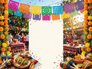Naklejka premium Colorful festoon decorations with marigolds, festive elements, and a blank center for celebrations.