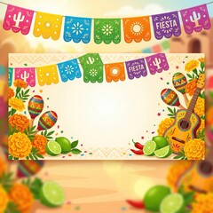 Naklejka premium Colorful fiesta decorations featuring marigolds, limes, and guitars, perfect for festive celebrations.
