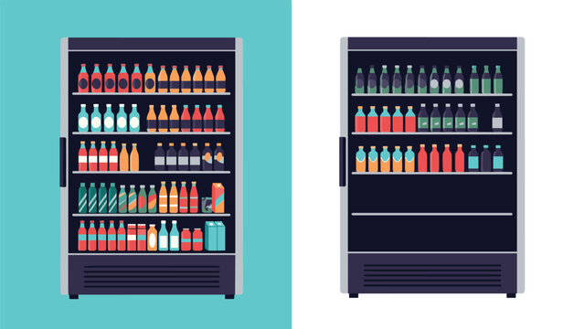 Side by side comparison of a fully stocked and a partially empty commercial refrigerator filled with colorful drink bottles.