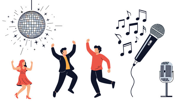 Energetic people dancing at a party under a glittering disco ball with musical notes and microphones in a flat vector art.