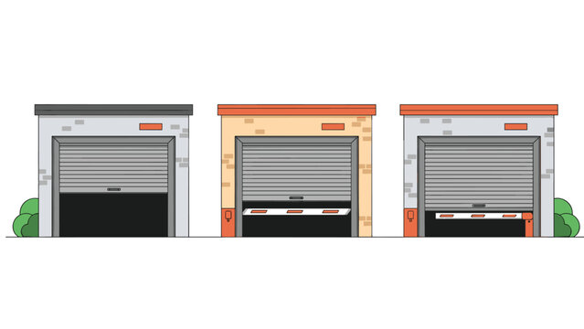 Three different colored garage buildings with gray rolling shutter doors and brick details in a simple flat vector art.