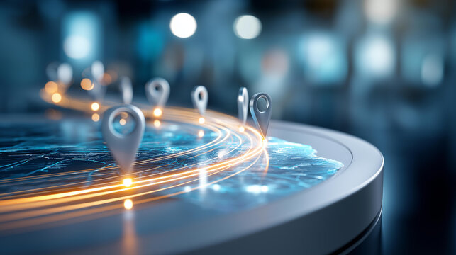 Floating hologram of a glowing roadmap with quarterly milestone flags planted along a curving path on a bright clean platform project roadmap quarterly milestones strategic