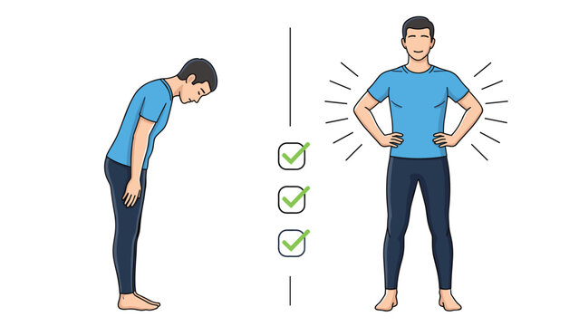 Educational illustration comparing bad slumping posture with healthy upright standing posture indicated by green checkmarks.