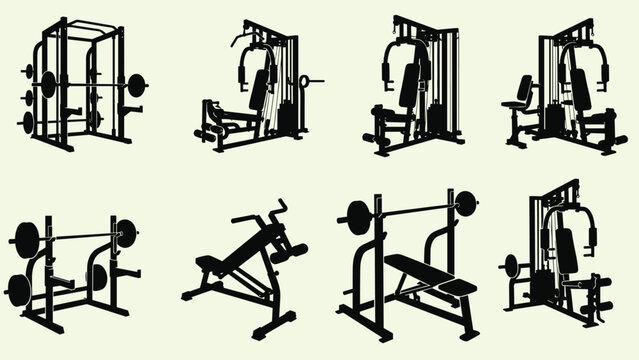 Set of black silhouettes showing various types of weightlifting and strength training gym machines on a light background.