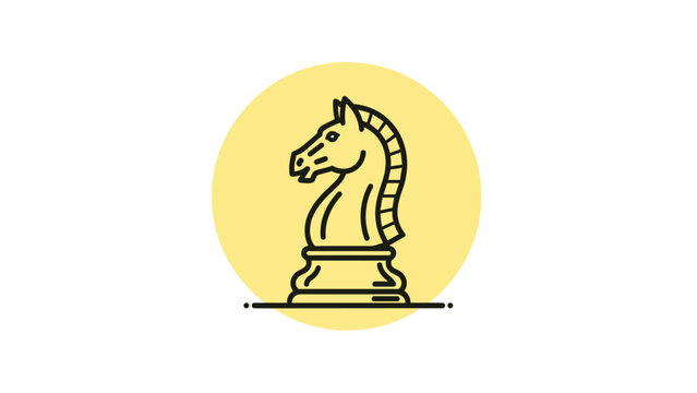 Stylized line icon of a knight chess piece in the shape of a horse head on a vibrant yellow circular background for game design.