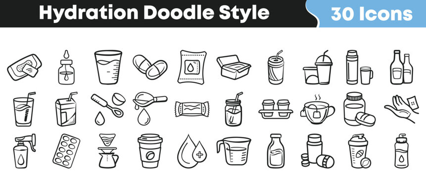 Collection of hand drawn hydration doodle style icons for healthy living lifestyle