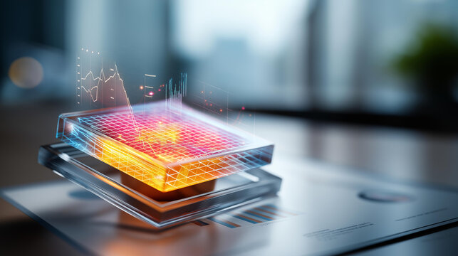 Floating hologram of a glowing risk matrix grid with color coded risk indicators and probability axes above a bright clean surface risk analysis risk matrix project risk