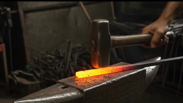 Blacksmith shaping glowing hot metal on anvil