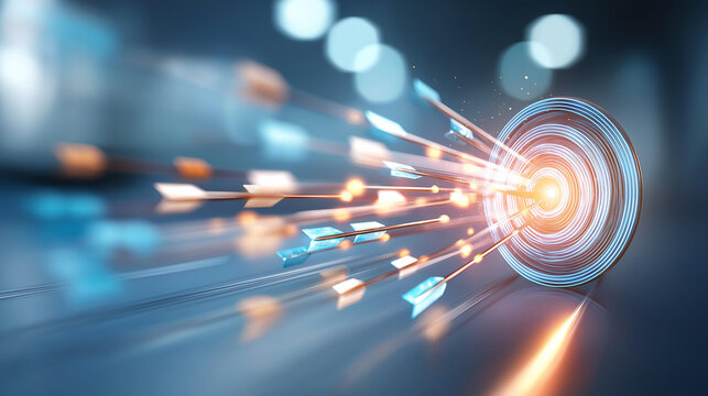 Abstract symmetrical composition of glowing arrows and progress bars converging toward a central glowing target icon on a bright clean backdrop project goal progress tracking