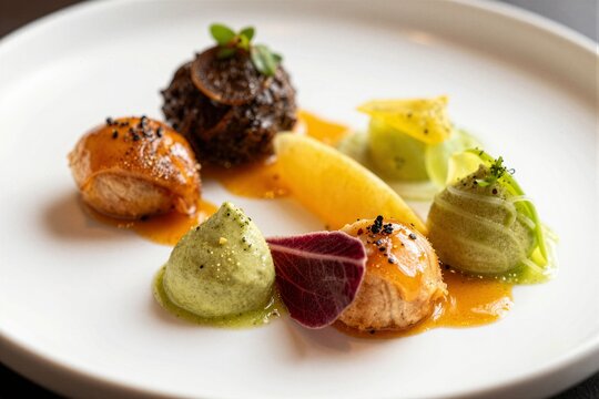 Gourmet scallop and mousse bites plated on white dish