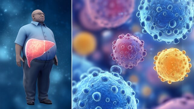 3D illustration shows man with fatty liver alongside photomicrograph of liver cells for non-alcoholic fatty liver disease concept