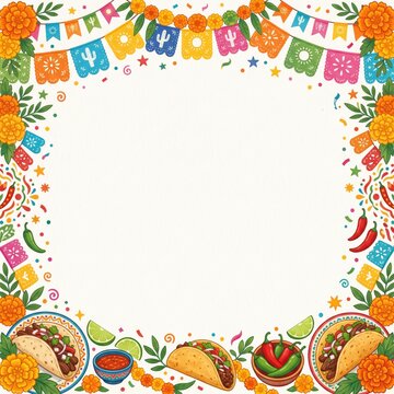 Colorful festive border design featuring tacos, chili peppers, and marigolds on a white background.