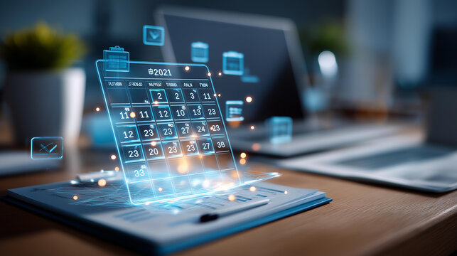 Floating hologram composition of a glowing project schedule calendar with meeting markers appointment reminders and timeline icons hovering above a bright clean desk surface