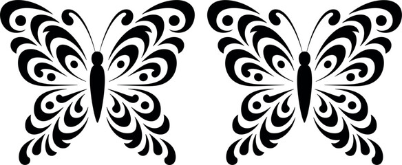 Fototapeta premium Decorative Butterfly Silhouette Set with Ornamental Floral Wings Black Elegant Nature Design Elements Vector Illustration Isolated on White Background