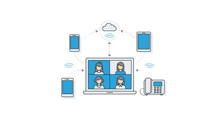 Fototapeta premium Interconnected digital devices facilitating a video conference via cloud and Wi-Fi, illustrating remote work and modern communication.