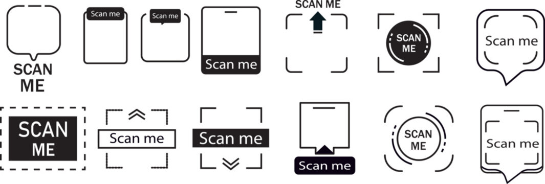 QR code frames with smartphone icons. QR code with inscription scans me with a smartphone.  flat style QR code frame and smartphone interface icons, high-performance vector illustrations
