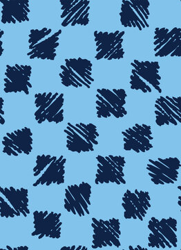Freehand drawn check seamless repeat pattern on cloud blue background. Hand drawn, vector geometrical aop, all over surface print.