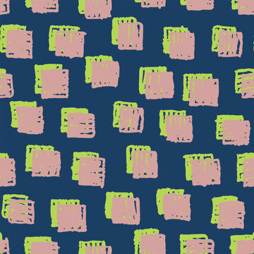 Hand drawn, scribbled bricks check seamless repeat pattern on dark blue background. Vector, geometrical rectangle shapes aop, all over surface print. 