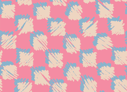 Scribbled, retro check seamless repeat pattern with light blue shadows. Hand drawn, vector pastel grid aop, all over surface print on pink background.
