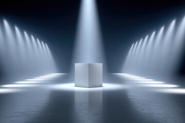 Obraz premium A white box in the center of the stage, space for advertising. Presentation