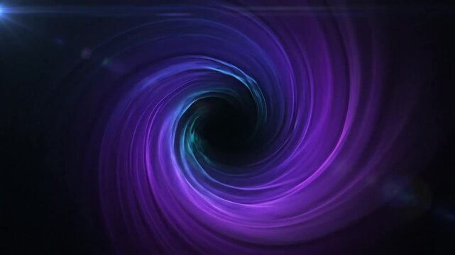 Abstract purple and blue vortex swirling toward the center of a black hole with lens flare effect