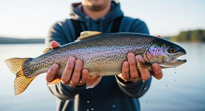 Man holding large rainbow trout fish over calm lake water during sunny day outdoors