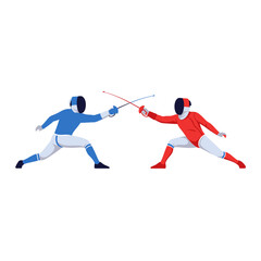 Fototapeta premium Two Fencers in Blue and Red Uniforms Competing with Swords on White Background