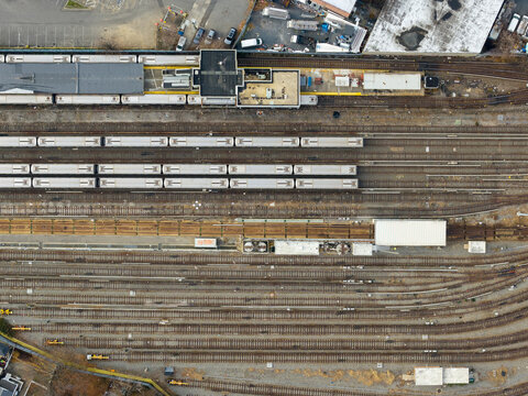 Aerial view of subway rail yard - New York, US