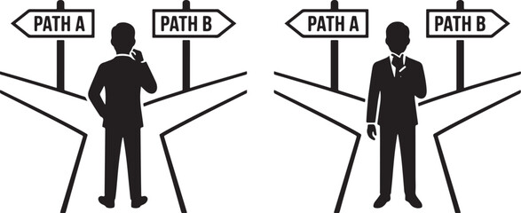 Vector silhouette of a businessman standing at a crossroad choosing between path a and path b representing strategic decision making and career direction © 403Forbidden