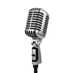 Fototapeta premium Vintage microphone with a chrome finish stands isolated against a white background