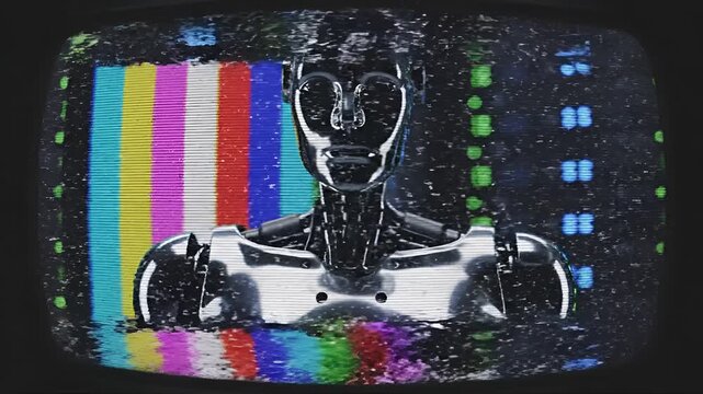 Futuristic Robot in Server Room with Glitching Screen.