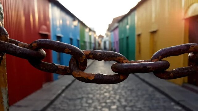 Rusty chain close up with colorful buildings in background, cityscape capturing vibrant architectural details