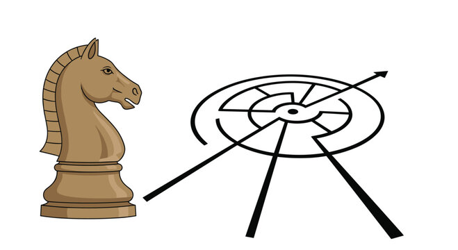 Chess knight piece paired with a circular maze diagram with diverging arrows, symbolizing strategic thinking, complex problem-solving, and exploring multiple paths.