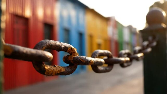 Rusty chain close up with colorful buildings in background during golden hour light creating vivid contrast and texture