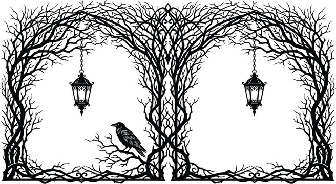 Gothic fantasy tree silhouette vector illustration, symmetrical arching trees with lanterns and raven representing spooky, decorative and nature theme - flat vector illustration