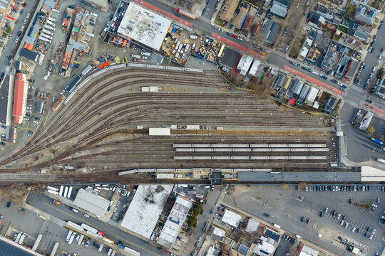 Aerial rail yard at Canarsie-Rockaway Parkway - New York, US