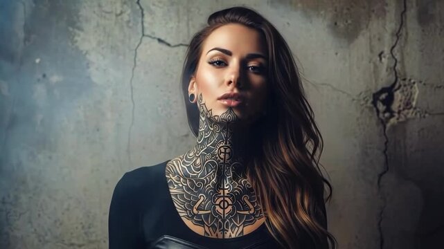 Woman with intricate neck tattoo posing against a concrete wall