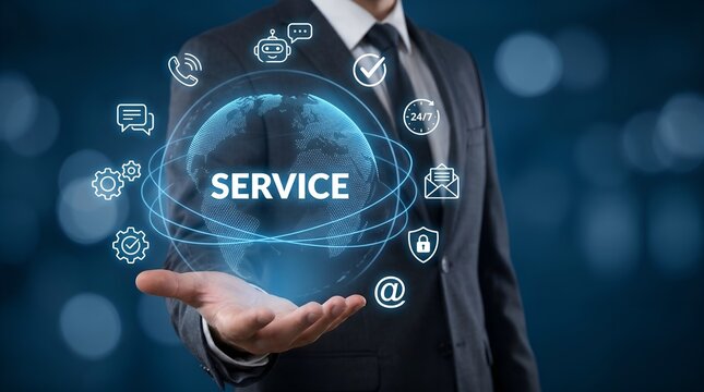 Global Customer Service Technology, Businessman Holding Digital Globe with Service Chatbot Phone Email 24/7 Security Chat Icons Hologram Business Concept
