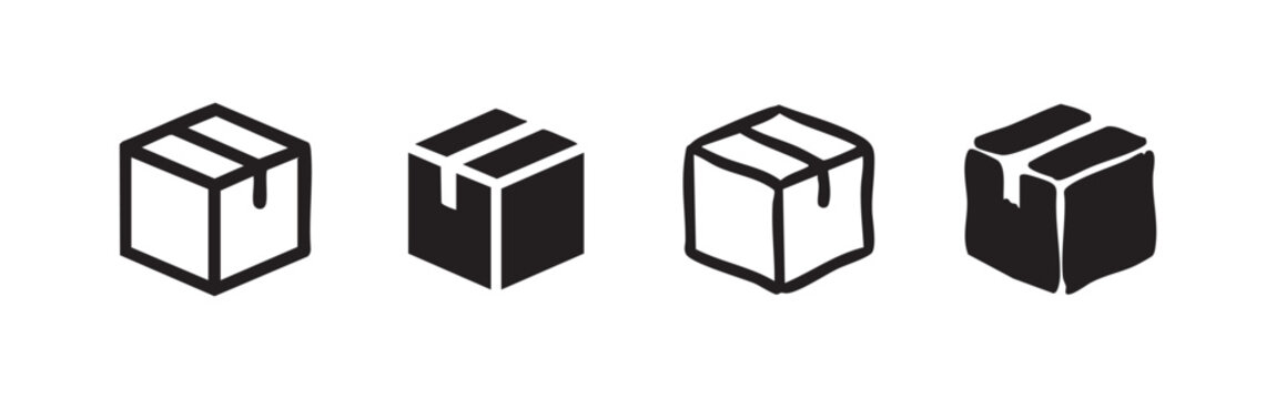 Cardboard box or package icon set in outline and solid styles, signifying shipping and delivery.
