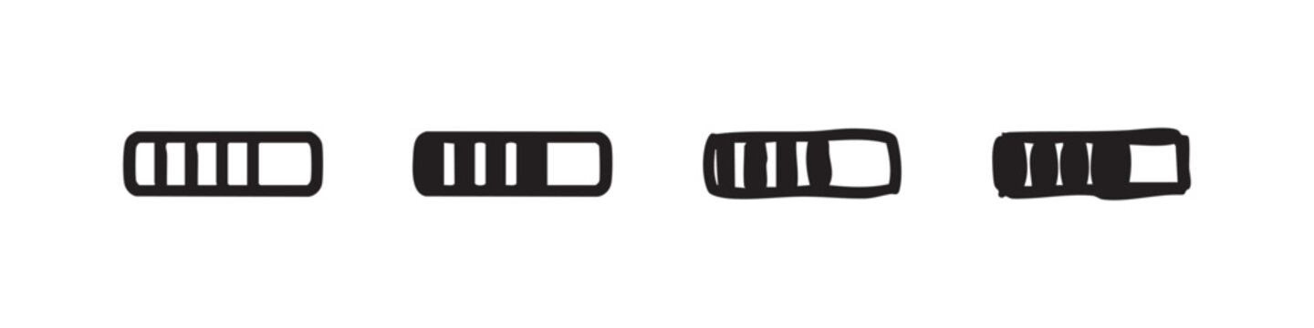Battery power indicator icon set in various styles, representing charge level and energy status.