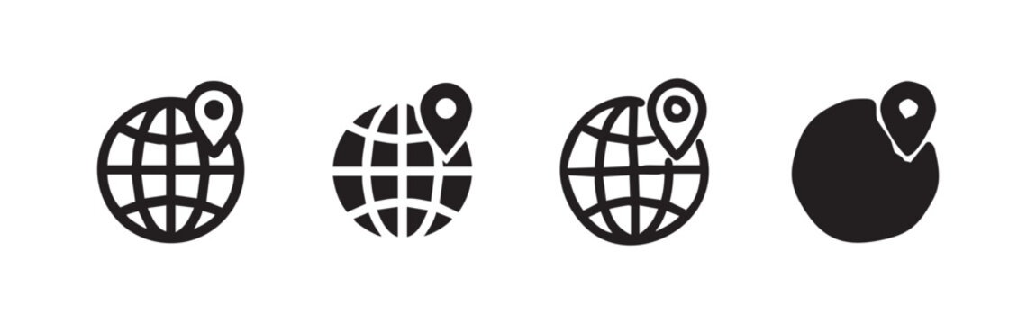 Global location icon set in various styles, representing worldwide navigation, travel, and international reach.