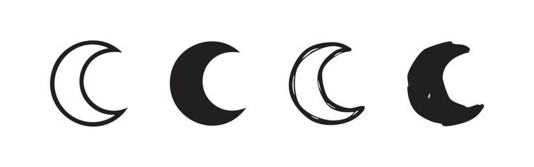 Collection of hand-drawn crescent moon icons, night sky celestial outline and silhouette symbols © liubomir118809
